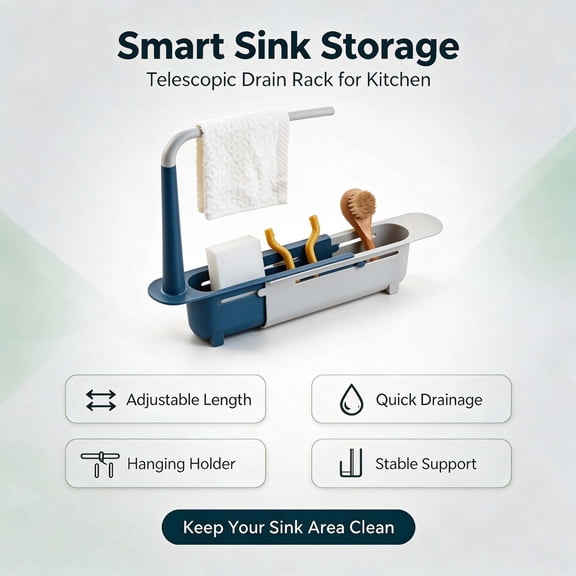 Linnome Sink Basin Storage Rack Adjustable Drainage Basket Organizer Rack for Kitchen Sponge Dish Soap Scrubber Multipurpose Storage Shelf Space Saving Kitchen Sink Organizer Home Kitchen Accessory