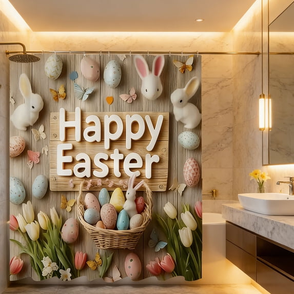 Linnome Spring Easter Themed Pattern Shower Curtain Washable Bathroom Waterproof Home Decor