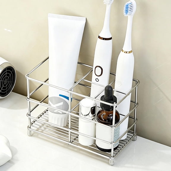 Linnome Stainless Steel Bathroom Toothbrush Organizer Caddy Multi Compartment Metal Countertop Holder for Electric Toothbrush Toothpaste Skincare Accessory Storage