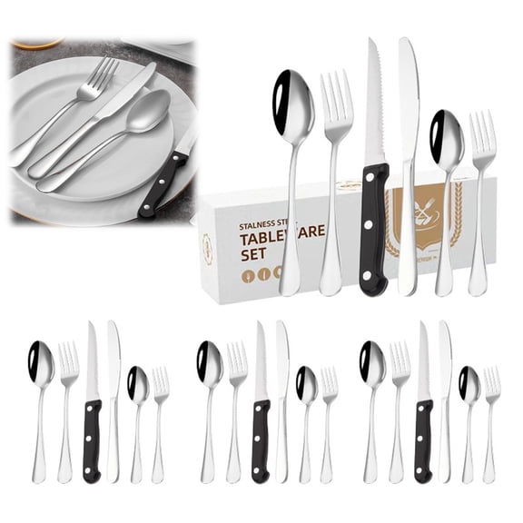 Linnome Stainless Steel Flatware Set 24 Pieces Service for 6 Includes Knife Fork Spoon Dinnerware Polished Finish Dishwasher Safe Kitchen Utensils