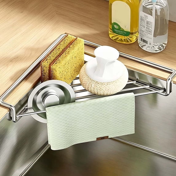 Linnome Stainless Steel Sink Drying Rack Triangle Kitchen Shelf - No-Drill Corner Storage Organizer with Drain - Space-Saving Sponge Holder Caddy for Kitchen Countertop Sink Bathroom