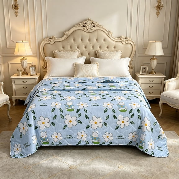 Linnome Summer Cooling Quilt Floral Print Quilt Lightweight Cartoon Bunny Pattern Bedspread for Bedroom Bedding Decoration
