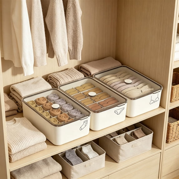 Linnome Underwear Storage Box 3 Partition Compartment Clear Lid Plastic Sock Bra Panties Drawer Organizer Wardrobe Closet Intimates Sorting Container