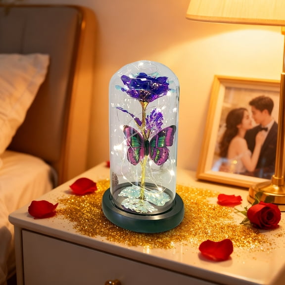 Linnome Valentine's Day Preserved Rose Acrylic Butterfly Gold Foil Figurine Lifelike Floral Decor for Home Shelf Table Romantic Gift