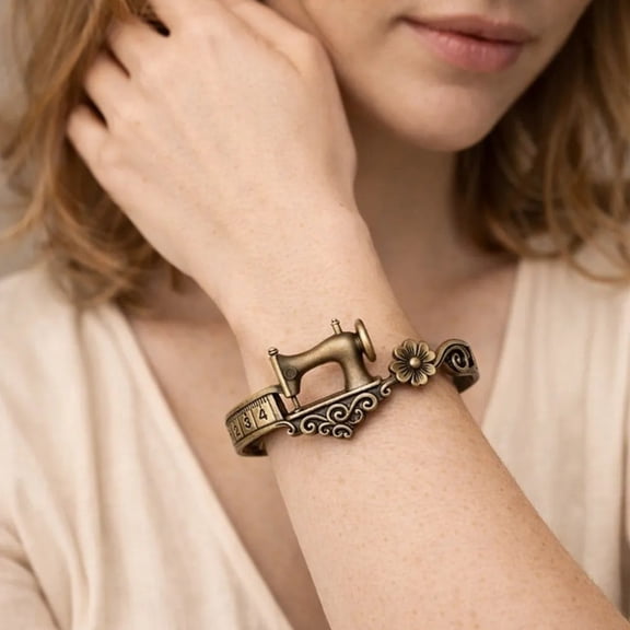 Linnome Vintage Sewing Bracelet Adjustable Tape Measure with Flower Decoration Handmade Jewelry Gift for Craft Lovers