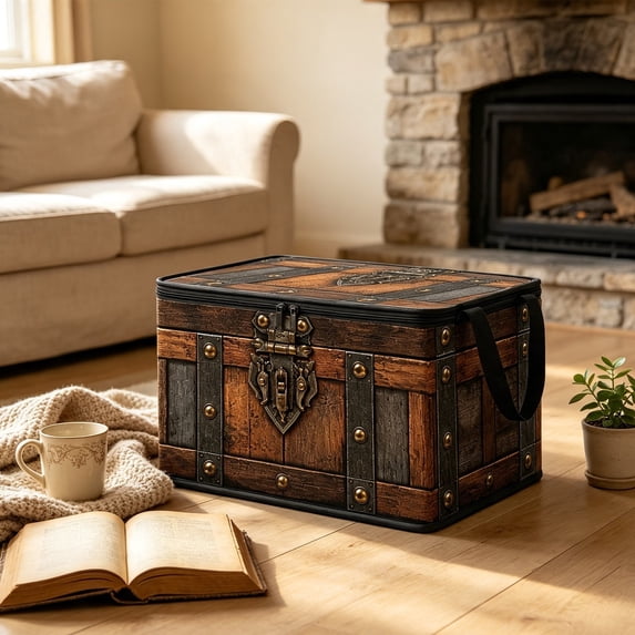 Linnome Vintage Treasure Chest Print Foldable Non-Woven Storage Box - Large Capacity Clothes Organizer Bin with Zipper & Handle - Decorative Storage Chest for Bedroom Dorm Closet