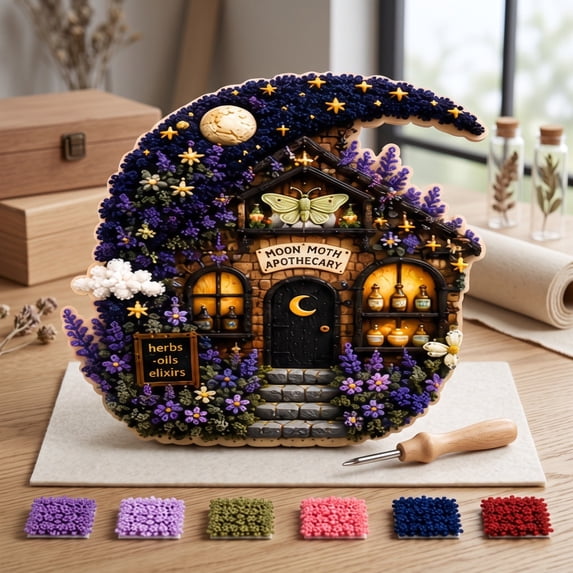 Linnome Whimsical Village Fabric Poke Art Kit Cottage No-Sew - Punch Needle Craft Set with 6 Styles & Guide - Relaxing Handmade Home Decor Craft Activity for Adults Beginners
