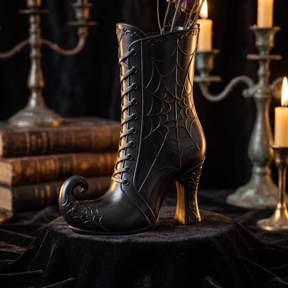 Linnome Witch Boot Flower Vase, Embossed Web Pattern Plastic Witch Boot Vase for Artificial Florals, Gothic Witchy Boot Vase Table Centerpiece for Halloween Fireplace Table Party Decor