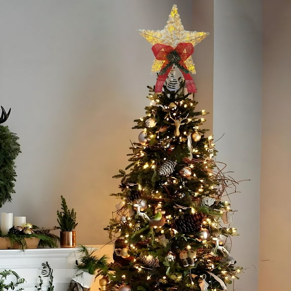 Linnome Wrought Iron Christmas Tree Top Star Topper, LED Glowing Powdered Finish Wicker Design for Xmas Tree Decoration