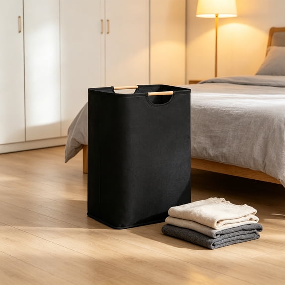 Linnome Cotton Linen Laundry Basket Foldable Large Capacity Clothes Hamper with Wood Handles Breathable Dirty Clothes Bin for Bedroom Bathroom Closet
