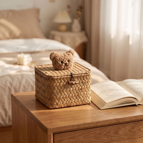 Linnome Hand Woven Seagrass Storage Basket with Lid Multipurpose Desktop Cosmetic Organizer Box Natural Wicker Sundry Container for Bedroom Living Room Countertop