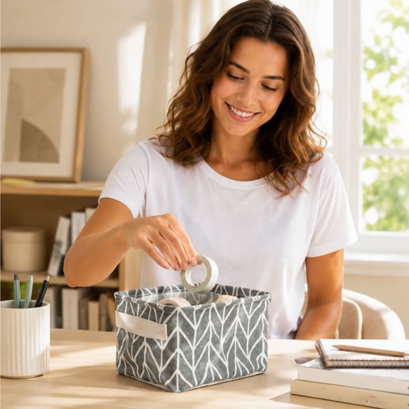 Linnome Linen Cotton Desktop Storage Basket Fresh Fabric Organizer Box Foldable Small Sundry Holder for Bedroom Vanity Living Room Countertop Tidying