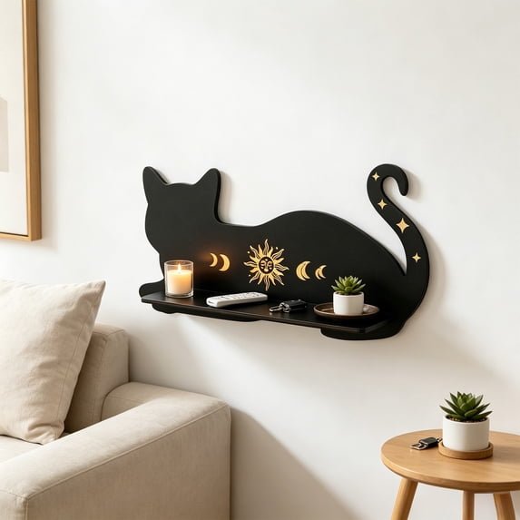 Linnome Wood Wall Mount Storage Shelf Cat Pattern Floating Organizer Rack for Bathroom Bedroom Living Room Small Sundry Display Decor