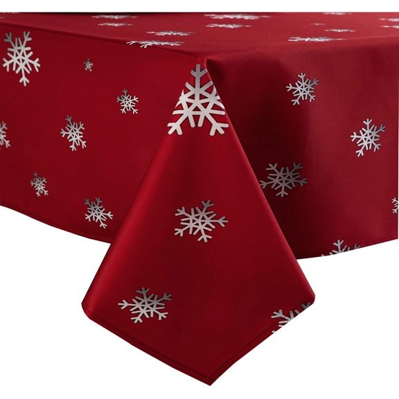 Linnovo Decorative Christmas Tablecloth, Wrinkle and Water Resistant Holiday Table Cloth for Square and Rectangle Tables, Polyester Fabric Red Table Cover 60 x 84 Inch, Gradient Solid Snowflake