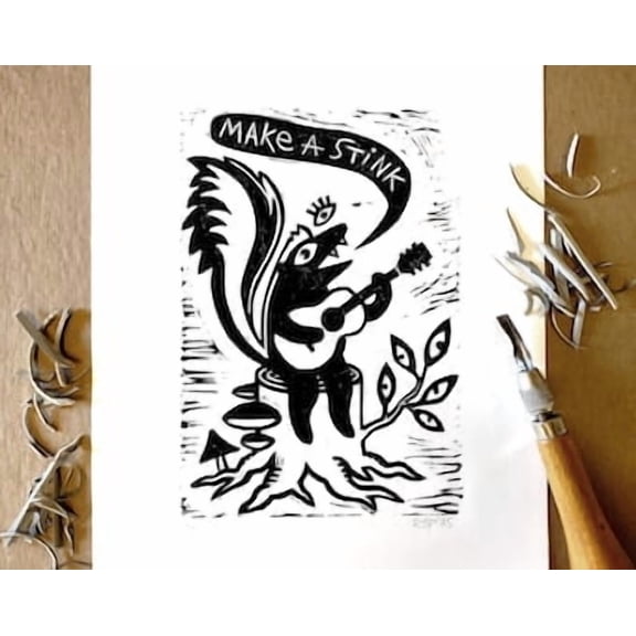 Linocut Art Folk Punk Skunk Makes A Stink Original Handmade Block Print Print Poster , Poster Print Only