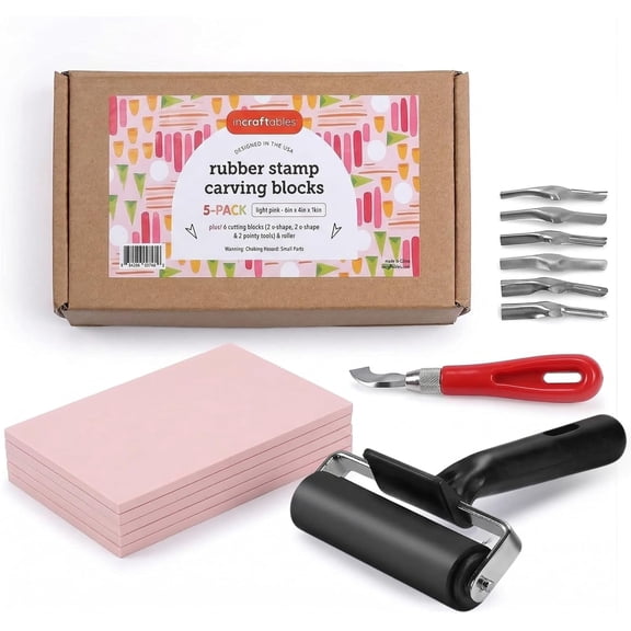 Linocut Block Printing Kit for Stamp Making - 5 Soft 4"x6" Rubber Blocks, 6 Carving Blades, & Brayer Roller -Linoleum Block Printing Stamp Kit for Beginners, Adults Crafts