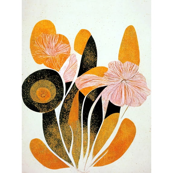 Linocut Boho Flowers In Autumn Pastel Brown Orange Modern Abstract Unframed Wall Art Print Poster Home Decor