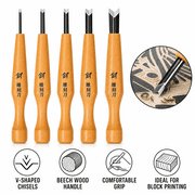 Linocut Carving Tool Set, 5 Pcs Wood Handle V Shaped Chisel for Printmaking & Rubber Stamp Block Cutting