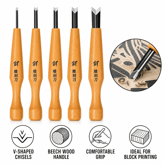Linocut Carving Tool Set, 5 Pcs Wood Handle V Shaped Chisel for Printmaking & Rubber Stamp Block Cutting