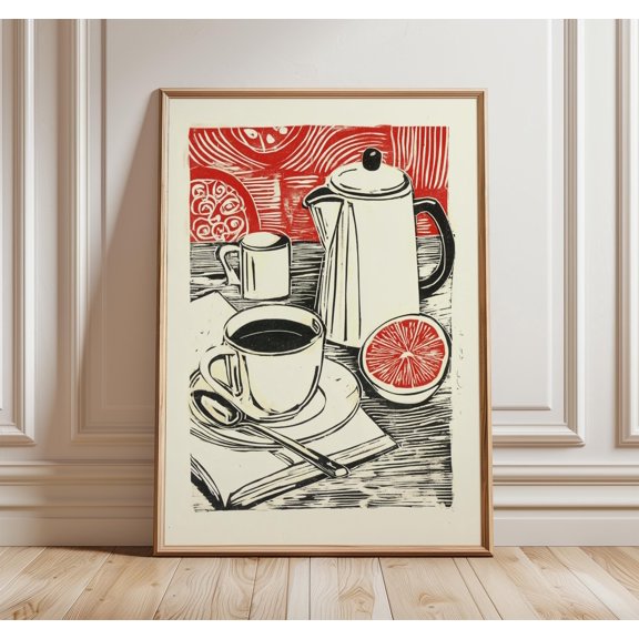 Linocut Coffee Print, Modern Kitchen Still Life Art, Poster Only