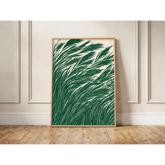 Linocut Grass Poster Botanical Wall Art Minimalist Field , Poster Print Only