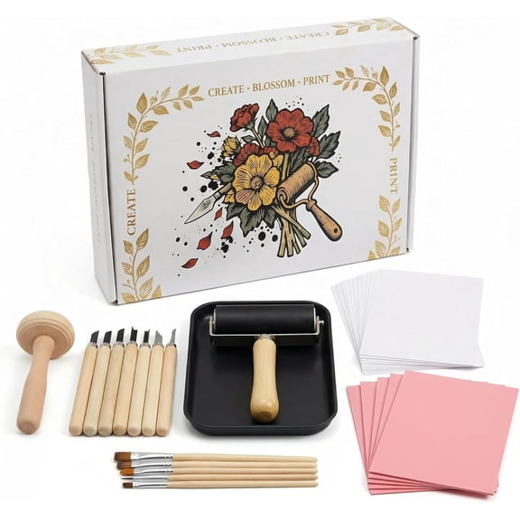 Linocut Kit for Beginners & Adults Complete Block Printing Supplies with Carving Tools, Brayer, 5 Pack 46 inch Linoleum Blocks for DIY Stamp Making, Home Art Projects, Classroom Crafts.