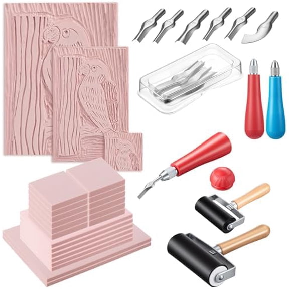 Linocut Kit for Printmaking Including 12 Pcs 2'' x 2'', 6 Pcs 4'' x 6'', 2 6'' x 8'' Blocks, 2 Knives and 2 Rolls, Linoleum Blocks for Beginners Stamp Carving DIY Gift & Art Projects$$Art & Craft