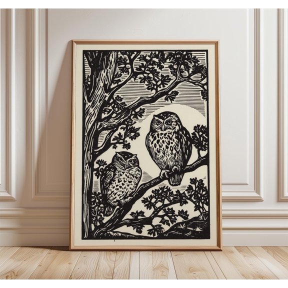 Linocut Owl Art Print, Black and Cream Woodland Decor, Poster Only