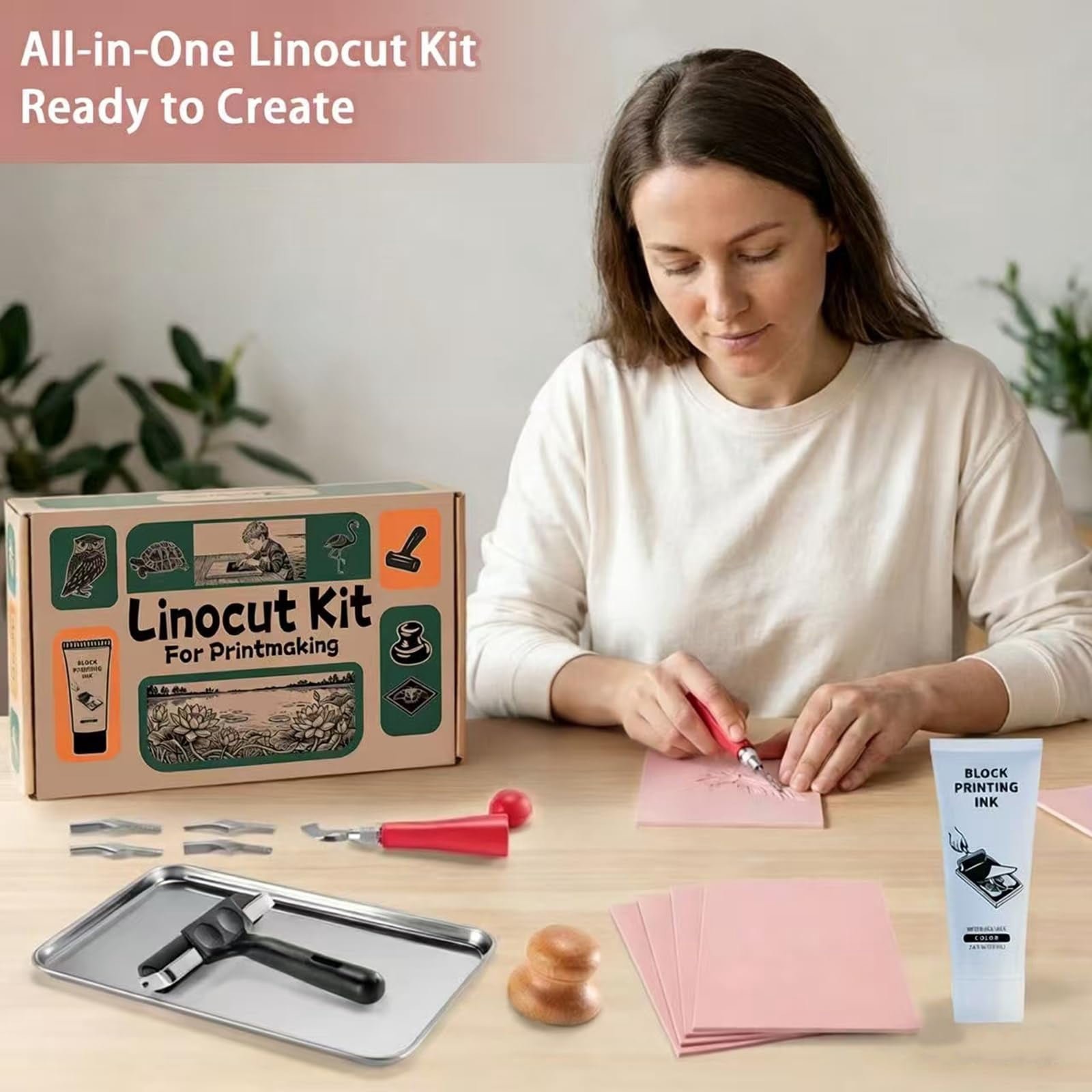 Linocut Printmaking Kit Set, 4 Linoleum Blocks with Carving Tools ...