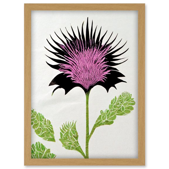 Linocut Scottish Thistle Abstract Wildflower Artwork Framed Wall Art Print A4