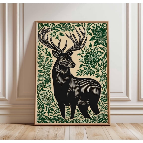 Linocut Stag Art Print, Rustic Cottagecore Floral Deer Poster, Poster Only