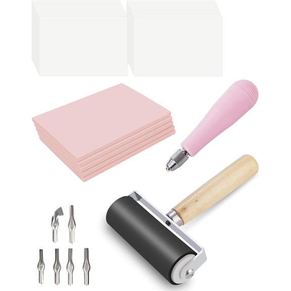 Linocut Tools Kit, Block Printing Kit, Stamp Carving Kit with 5 Soft Rubber Linoleum Blocks 4" x 6", Lino Cutting Tools, Brayer, 20 Transfer Papers, Carving Knife with 6 Blades