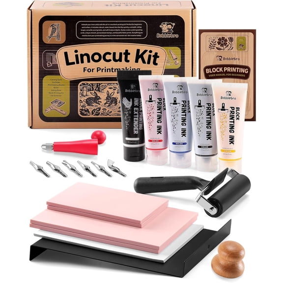 Linoleum Blocks for Printmaking, Stamp Making Carving Linocut Kit for Kids DIY Gift, Rubber Stamp Carving Screen Printing Kit with 4 Colors Block Printing Ink, Rubber Block, Linocut Tools