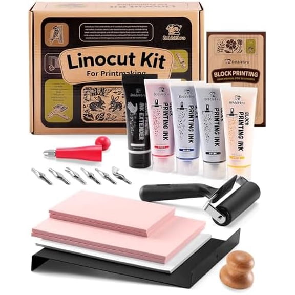 Linoleum Blocks for Printmaking, Stamp Making Carving Linocut Kit for Kids DIY Gift, Rubber Stamp Carving Screen Printing Kit with 4 Colors Block Printing Ink, Rubber Block, Linocut Tools