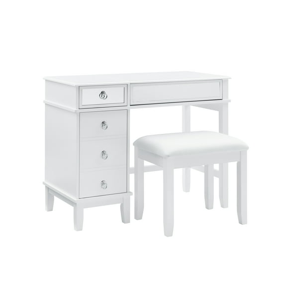 Linon 2 Piece Adult Timeless Storage Vanity and Stool Table Set White