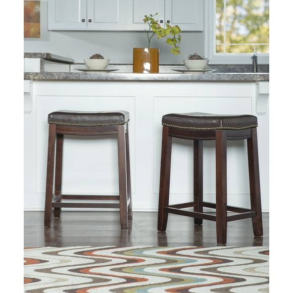 Linon 26" Claridge Backless Wood Counter Stool, Dark Brown Finish with Brown Faux Leather Fabric