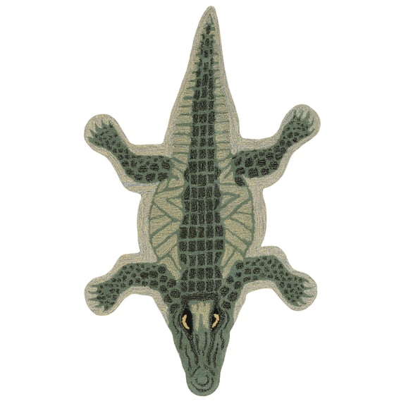 Linon 3' X 5' Jungle Crocodile Shaped Accent Rug in Green Wool
