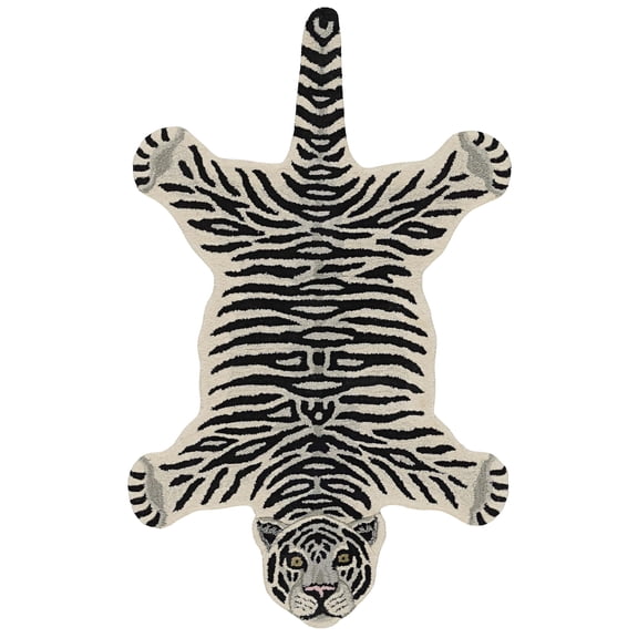 Linon 3' X 5' Jungle Tiger Shaped Accent Rug in White and Black Wool