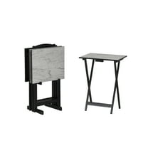 Linon 5-Piece Wood and Faux Marble Folding TV & Snack Tray Table Set, White