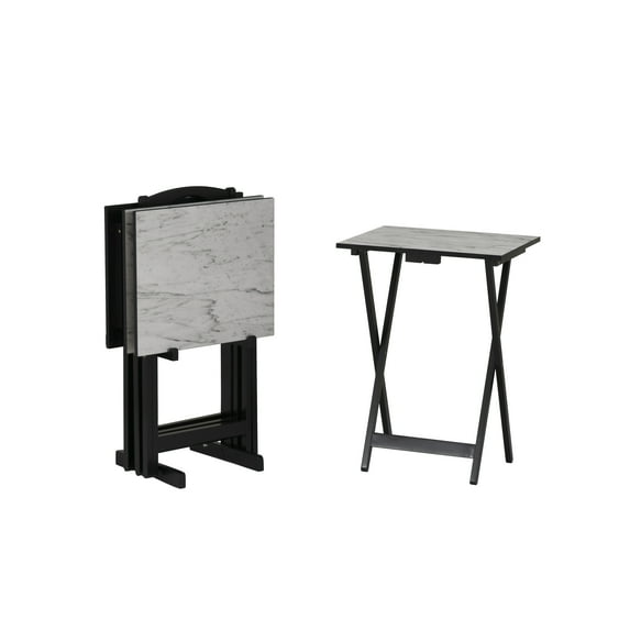 Linon 5-Piece Wood and Faux Marble Folding TV & Snack Tray Table Set, White