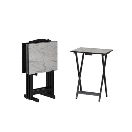 Linon Five Piece Faux Marble Folding Tray Table Set with Stand in Black Wood