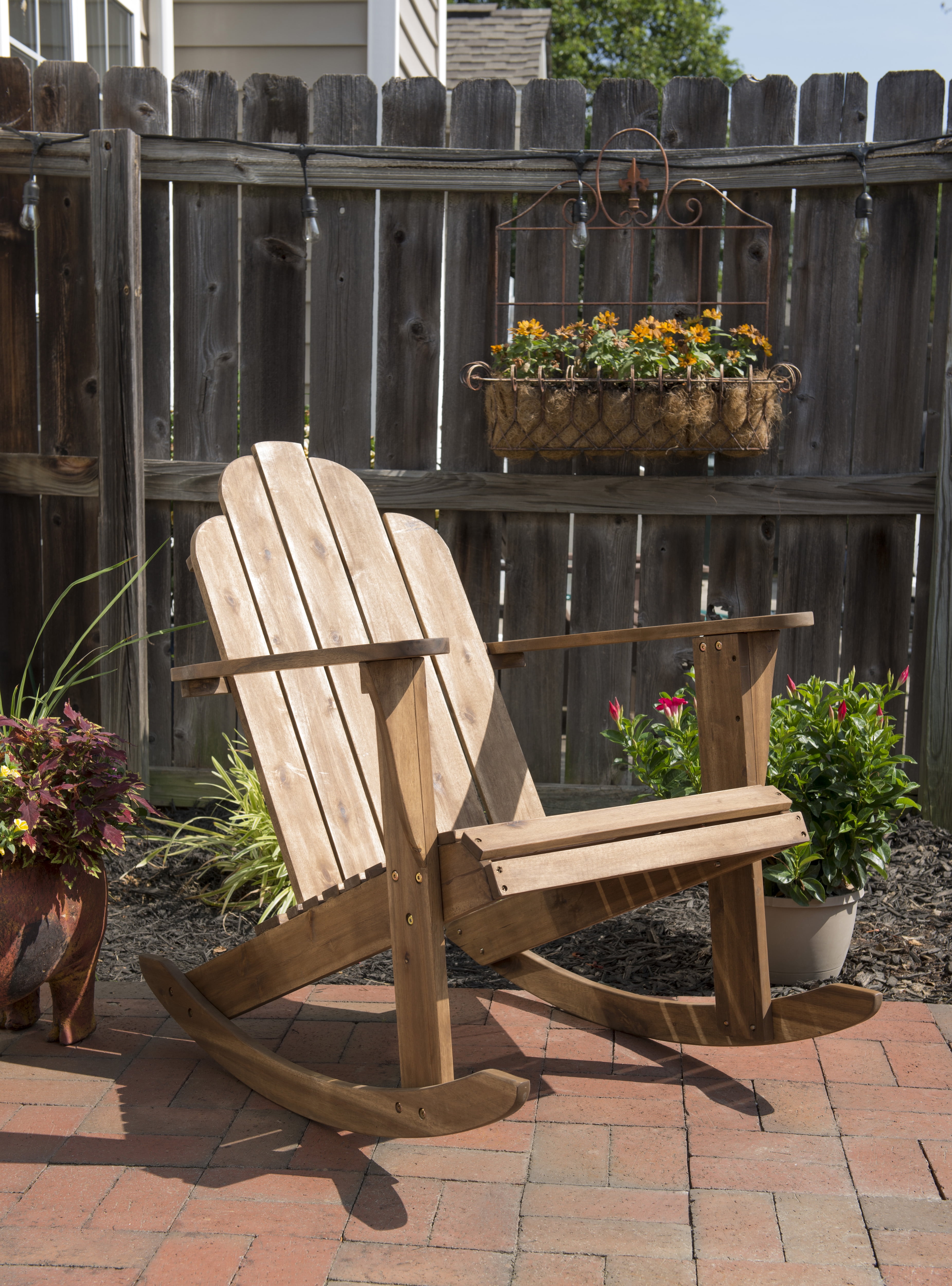 Linon Acacia Wood Adirondack Rocking Chair in Brown Finish