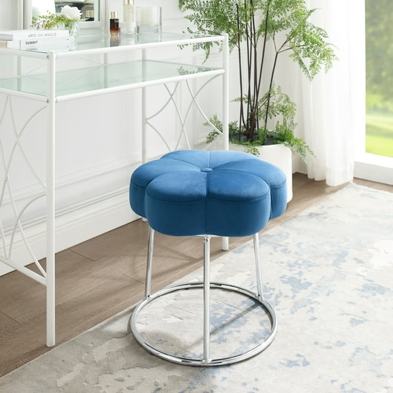 Linon Adult Floral Inspired Boho Chrome Base Vanity Stool Table Set, Navy Velvet
