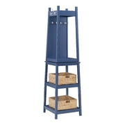 Linon Aila Wood Swivel Coat Rack with Mirror Hooks Shelves and Baskets in Navy