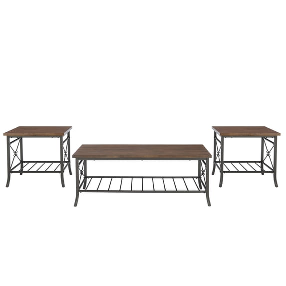 Linon Anders 3 Pc Metal and Wood Occasional Table Set Plank Style Tops in Brown