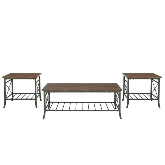 Linon Anders 3 Pc Metal and Wood Occasional Table Set Plank Style Tops in Brown
