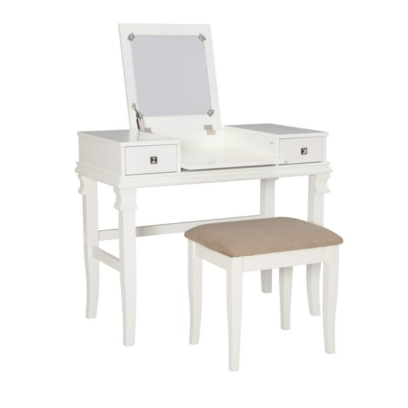 Linon Angela Wood Vanity & Padded Beige Stool 2 Drawers Flip Up Mirror in White