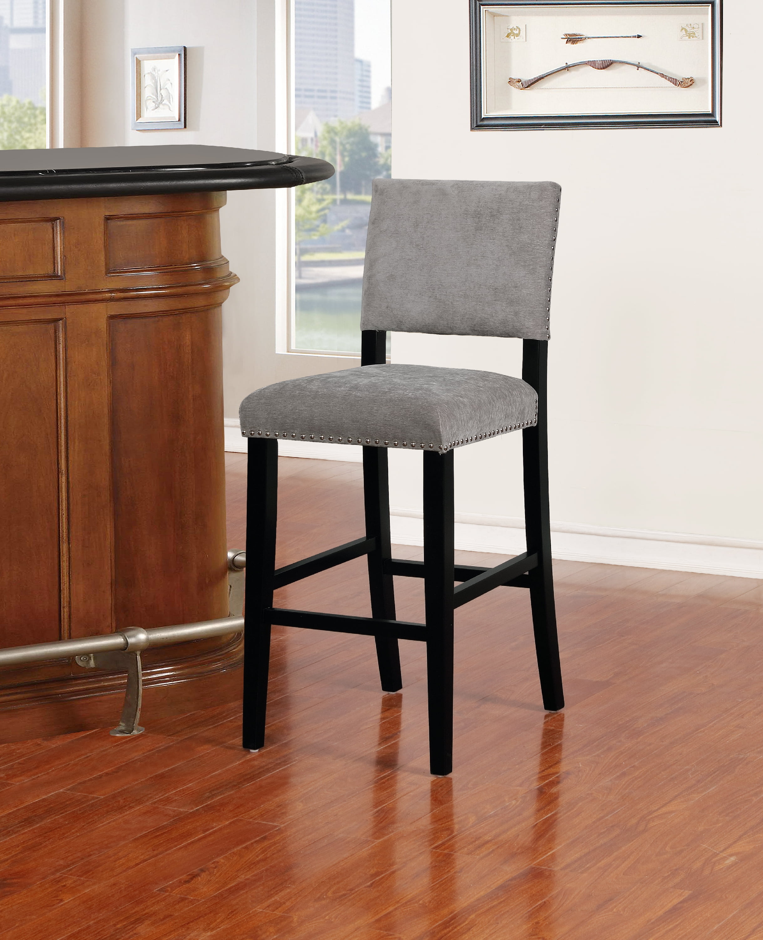 Linon Armond Upholstered Bar Stool, 30" Seat Height, Black Finish with Washed Velvet Dark Gray Fabric