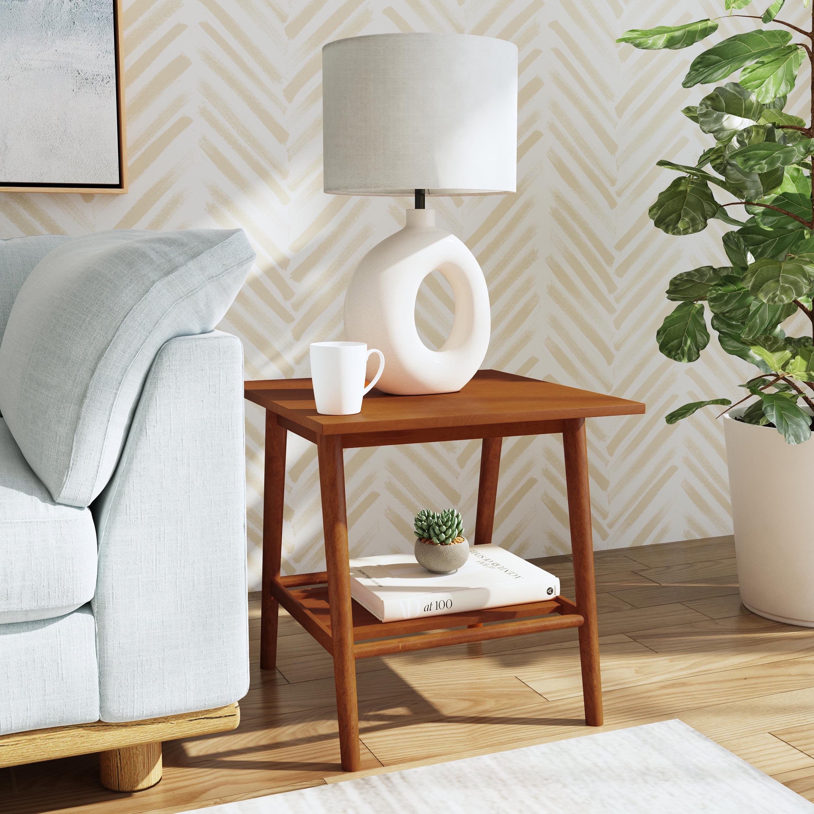 Linon Ashville Mid Century Indoor Accent Side Table with Shelf 22 Tall Walnut Walmart