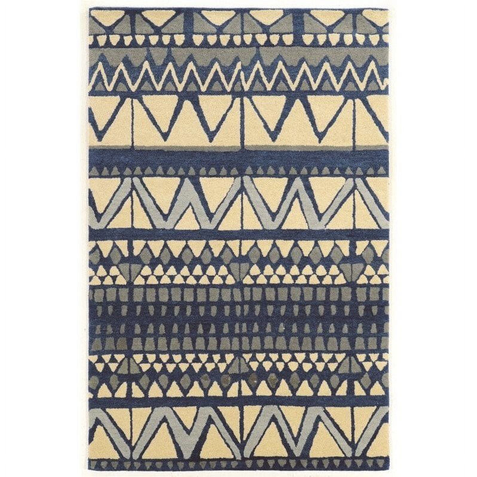 Ivory and Blue Geometric Hand Tufted Wool 5' x 8' Rug
